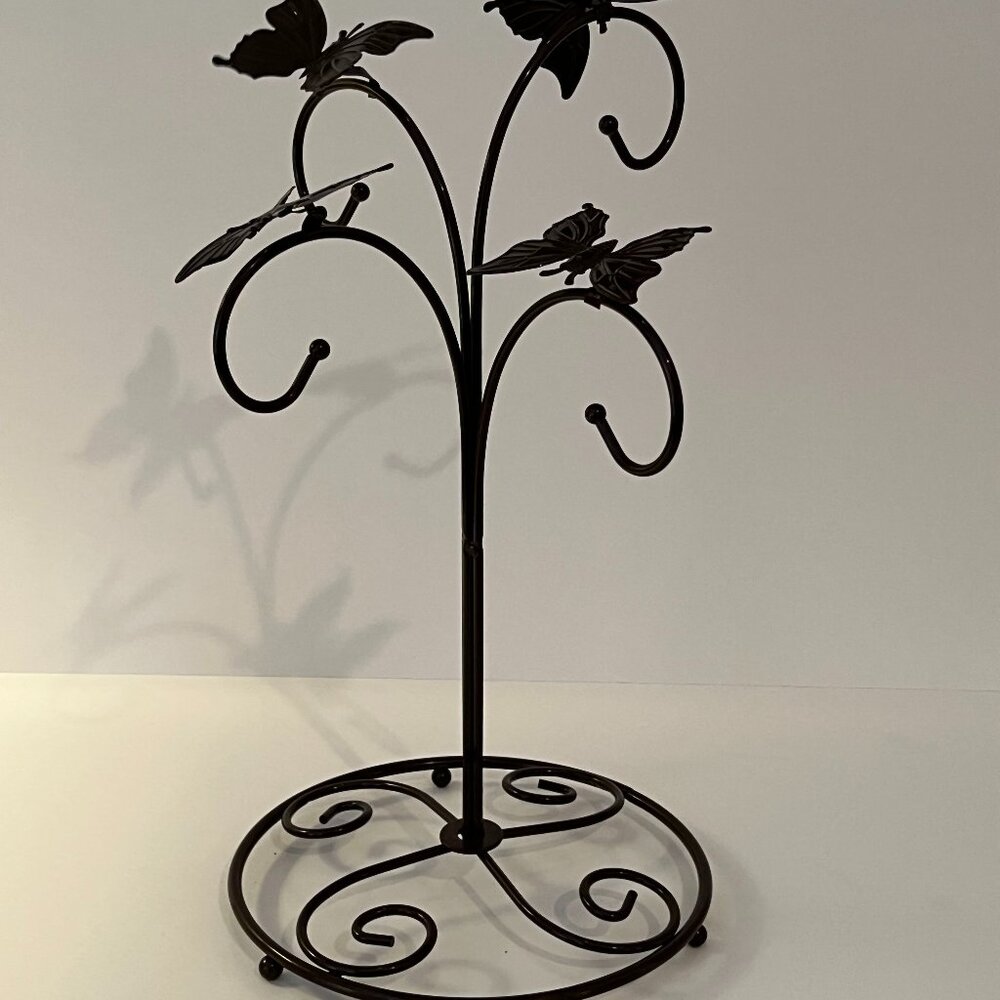 Brown Metal Butterfly Jewelry Holder Stand on Pedestal 13" Tall with 4 Hangers